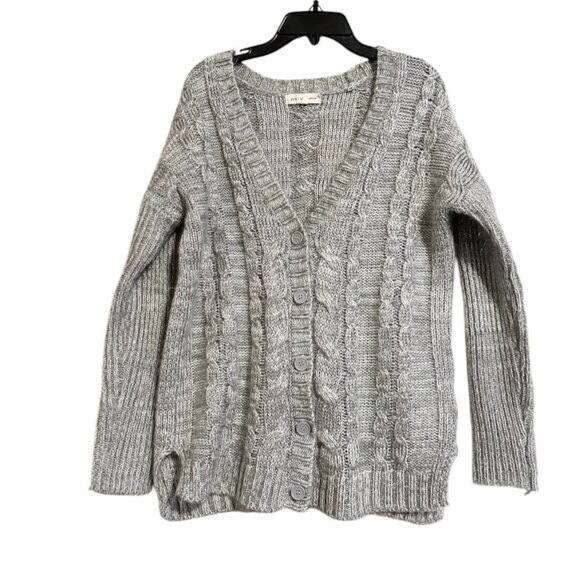 pink rose premium Light Gray Heather Cardigan Cable Knit Sweater Vneck Women S - Picture 1 of 8